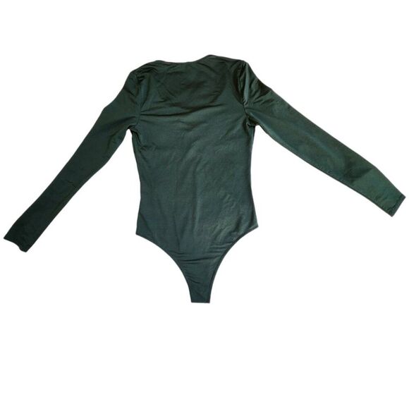 Forever 21 dark green deep plunge caged neckline thin semi sheer bodysuit sz M - Picture 2 of 11